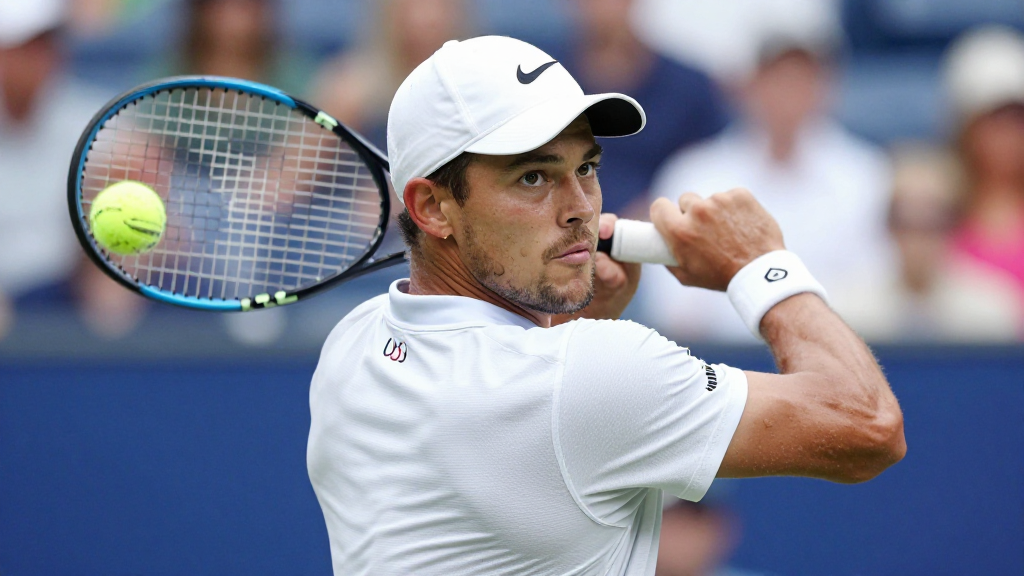 Tennis player following through on a backhand